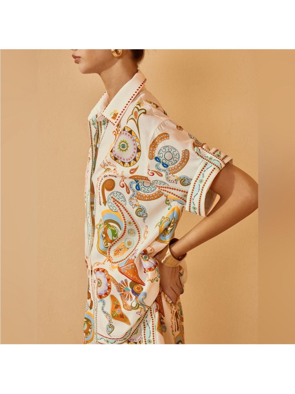 Commense Printed Short-Sleeve Silk-Feel Shirt - White with Multicolor Paisley